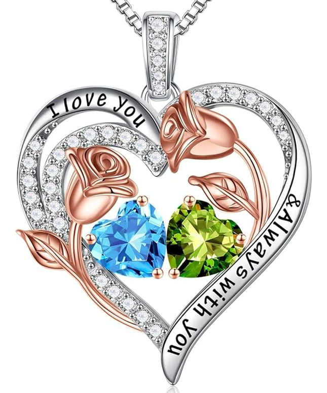 Iefil Christmas Gifts for Women Wife - 925 Sterling Silver Rose Heart Birthstone Necklace Birthday Anniversary Jewelry Gifts for Her Wife Mom Daughter