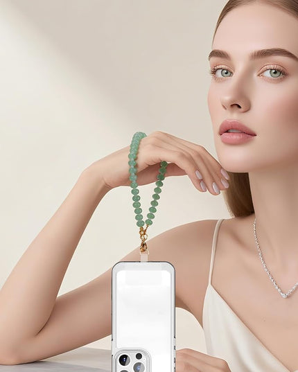 Natural Stone Beaded Phone Wrist Strap for Women – Detachable Chain Wristlet, Durable 304 Stainless Steel Core (Green Aventurine)