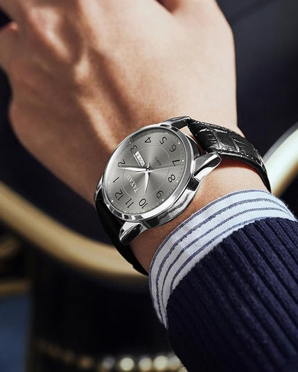Mens Leather Watch Large Face Classic Quartz Mens Analog Watches Luxury Dress Watches for Men Waterproof Men's Wrist Watch Easy Read with Date Number Dial Relojes para Hombre