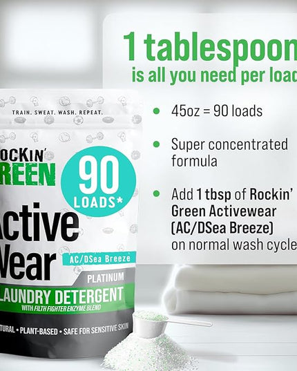Rockin' Green Laundry Detergent, Plant based, All Natural Laundry Detergent Powder, Vegan and Biodegradable Odor Fighter, Safe for Sensitive Skin (Active Wear 90 Loads - AC/DSea Breeze)