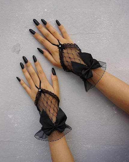 OYOANGLE Women's Floral Lace Bow Front Short Wrist Cuff Wedding Wrist Length Bridal Prom Gloves