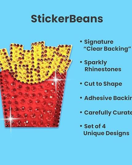 StickerBeans® Rhinestone Stickers - Foodie 4-Pack, 2” x 2” Each, Unique Sparkly Cut-to-Shape for Collecting, Trading, Decorating Laptops, Phone Cases, Scrapbooks - for Kids, Teens, & Adults