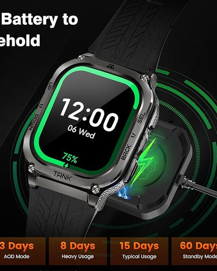 AMAZTIM Smart Watch, 60 Days Extra-Long Battery, 5ATM Waterproof Swimming Diving, Full Metal Military Grade, Answer/Make Call, 2" AMOLED Display, Health Monitor Compatible for iPhone and Android