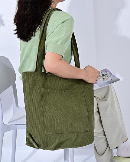 Iioscre Corduroy Tote Bag for Women,Hobo HandBags with Zipper,Large Capacity Casual Shoulder Handbags with Inner Pockets