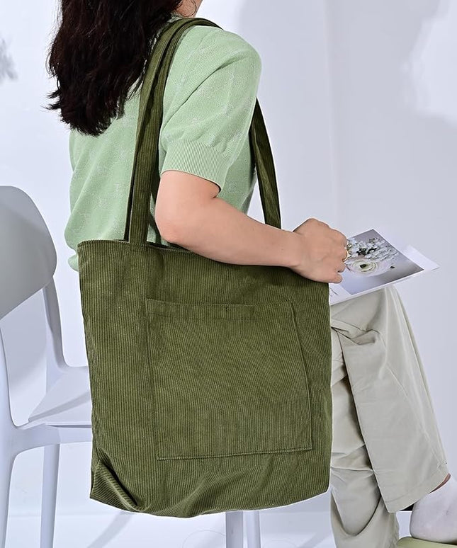 Iioscre Corduroy Tote Bag for Women,Hobo HandBags with Zipper,Large Capacity Casual Shoulder Handbags with Inner Pockets