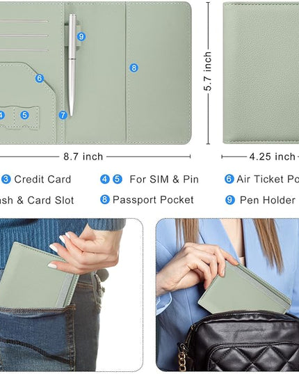 ACdream RFID BLOCKING Passport Holder Travel Wallet, Premium PU Leather Cover Passport Book with Card Holder, Pen Holder, Keep Organization, and Travel Essentials for Women and Men, Agave Green