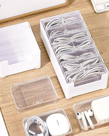 Cable Organizer Storage Box with 7 Wire Ties and Label Stickers,Desktop Cable Management Box with Switch, Power Cord Organizer for Office,Home,Desk Accessories Storage Stationery Supplies（Clear）