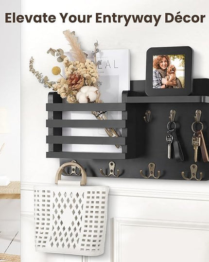 Nekon Mail Holder for Wall Mail Organizer with Key Hooks Hallway Farmhouse Decor Storage Racks with Floating Shelf and Flush Mount Hardware (16.8Inch x 10Inch x 3.2Inch)