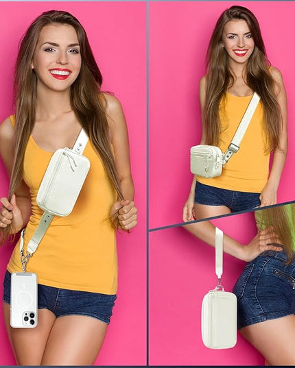 Clip and Go Strap for Phone with Wallet Crossbody, Adjustable Phone Lanyard with Detachable RFID Wristlet Wallet, Cream (L)