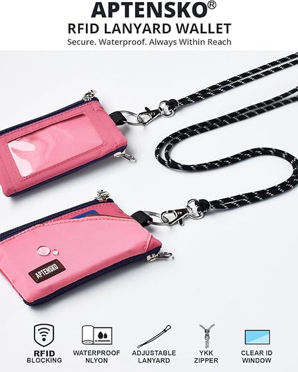 RFID Travel Wallet with Adjustable Lanyard-Zipper Small Wallet with ID Card Holder, Keychain for women&men-Minimalist Slim Waterproof Nylon case for ID, Cash, Key (Pink+RosePink)