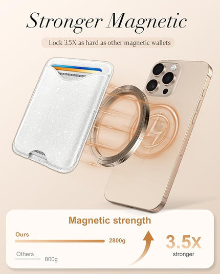 Shorogyt Phone Wallets Compatible with Magsafe Wallet Glitter - Magnetic Card Holder White for Women Teen Girls for iPhone 17/16/15/14/13/12 Series Slim for Apple Mag RFID Magnet, Fit 3 Cards