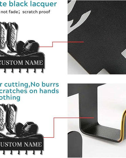 LOWACOS Personalized Key Holder for Wall, Custom Metal Cowboy Key Hooks with Name, Meta Jacket Holder Hooks Organizer Rack, Jacket Hanger Decor for Kitchen, Entryway, Hallway, Office, Doorway