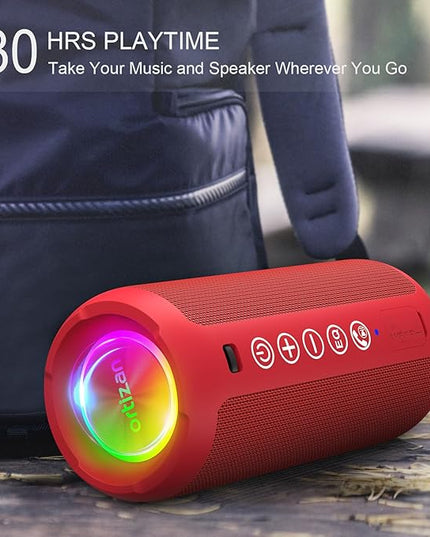Ortizan Portable Bluetooth Speaker: IPX7 Waterproof, 24W Loud Sound, Deep Bass, Bluetooth 5.3, LED Lights, Wireless Stereo Pairing, 30H Playtime, for Home/Outdoor/Party/Beach, Birthday Gift (Red)