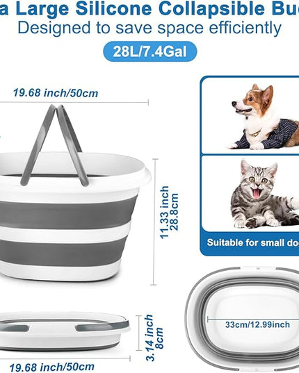 28L Large Collapsible Mop Bucket with Handle for Cleaning, Silicone Portable Pet Bathtub for Puppy Small Dogs Cats, Foldable Laundry Basket Hamper Clothes Storage Bin Space Saving Design for RV Home