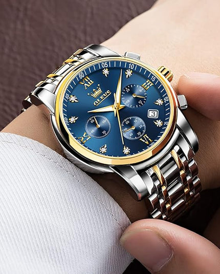 OLEVS Men's Luxury Watch Waterproof Luminous Easy Read Chronograph Watches Full Gold/White Dail/Black Face with Calendar Wristwatch