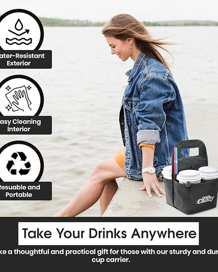 Drink Caddy Portable Drink Carrier and Reusable Coffee Cup Holder - 4 Cup Collapsible Tote Bag with Organizer Pockets Safely Secures Hot and Cold Beverages (Pink)