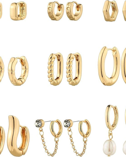 9 Pairs Gold Chunky Hoop Earrings Set for Women, 14K Gold Plated Twisted Huggie Hoop Earring Hypoallergenic, Lightweight Thick Open Hoops Earrings Jewelry Gifts.