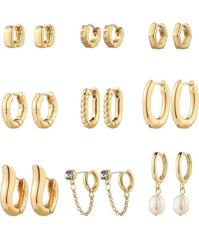 9 Pairs Gold Chunky Hoop Earrings Set for Women, 14K Gold Plated Twisted Huggie Hoop Earring Hypoallergenic, Lightweight Thick Open Hoops Earrings Jewelry Gifts.