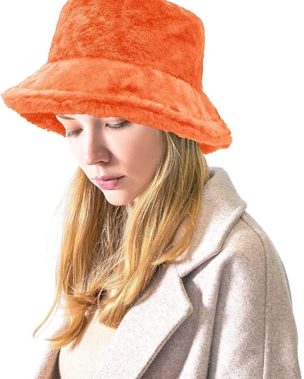 Women Plush Fluffy Bucket Hat Warm Lining Winter Faux Fur Cozy Wide Brim Winter