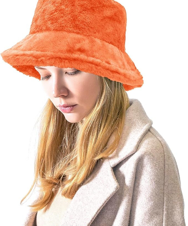 Women Plush Fluffy Bucket Hat Warm Lining Winter Faux Fur Cozy Wide Brim Winter