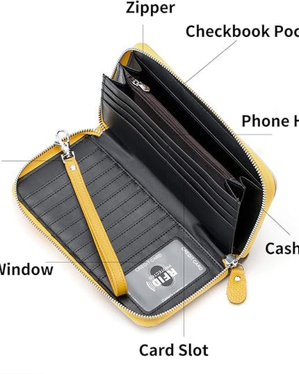 Moflycom Womens Wallet RFID Blocking Genuine Leather Multi Credit Card Large Capacity Zip Around Clutch Travel Purse Wristlet
