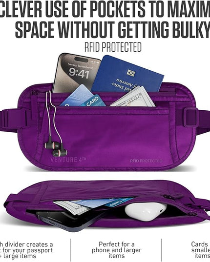 VENTURE 4TH Money Belt for Travel – Hidden Under-Clothes RFID Blocking Passport Holder & Slim Travel Wallet Pouch for Men & Women to Protect Cash, Cards & Documents (Sleek Purple)