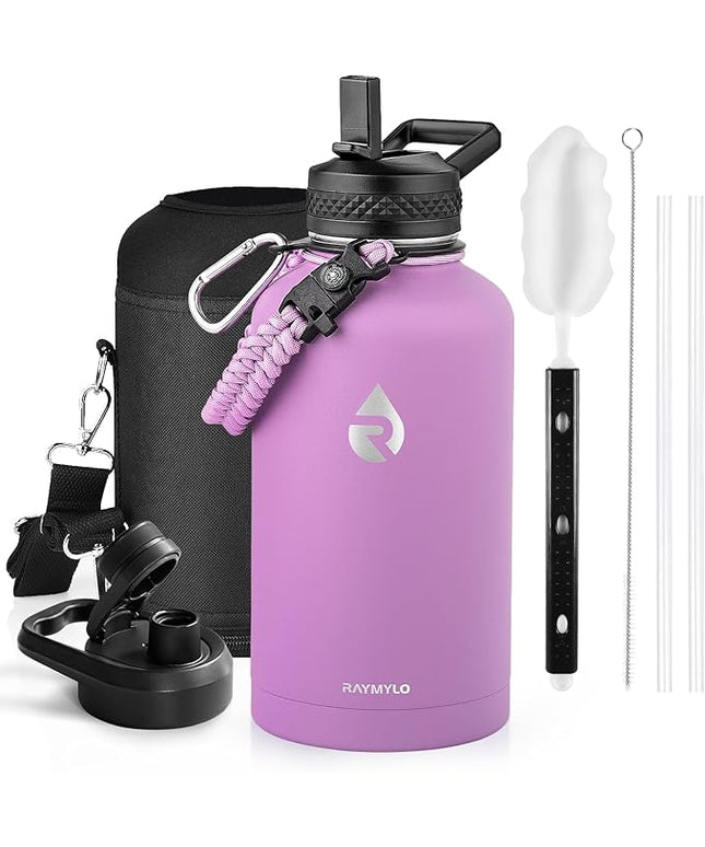 Insulated Water Bottle 64 oz, Triple Wall Vacuum Stainless Steel (Cold for 48 Hrs), Leak Proof & Non-BPA, Half Gallon Water Flask Jug with Paracord Handle & Straw Spout Lids, Lilac