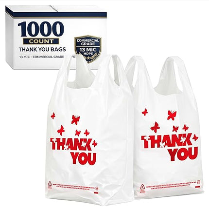 YoYoRain 1000 Pack White Thank You T-Shirt Bags with Handles, 11"x6"x21" Durable HDPE Plastic Carry-Out Shopping Bags for Grocery, Retail, Takeout & Small Business