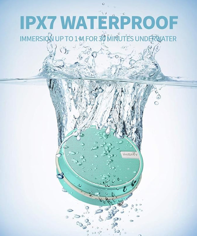 INSMY C12 IPX7 Waterproof Shower Bluetooth Speaker, Portable Small Speaker, Speakers Bluetooth Wireless Loud Clear Sound Support TF Card Suction Cup for Outdoor Kayak Canoe Beach Gift (Mint)