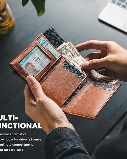 VULKIT Pop up Card Wallet Minimalist Cash Wallets RFID Blocking Leather Smart Credit Card Holder with ID window for Men(Brown)