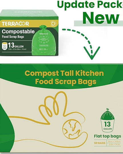 13 Gallon Compostable Trash Bags,50 Count, Heavy Duty Tall Kitchen Food Scrap Waste Bag,Certified BPI and ASTM D6400 Standard