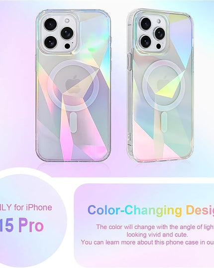 Cute Case for iPhone 15 Pro Case for Women Girls [ Compatible with Magsafe ] Clear Glitter Girly Aesthetic Rainbow Sparkly Bling Magnetic Phone Cover, Iridescent Geometry