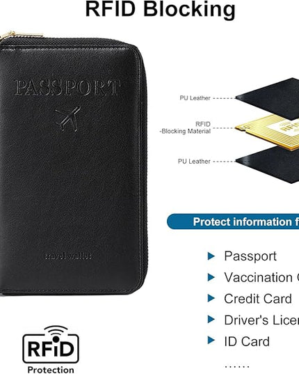 Passport Holder for Travel Women and Men RFID Passport Holder with Card Slots Holder Passport Case Passport cover Passport Wallet Travel Essentials and Accessories (Zipper, Black Zipper)