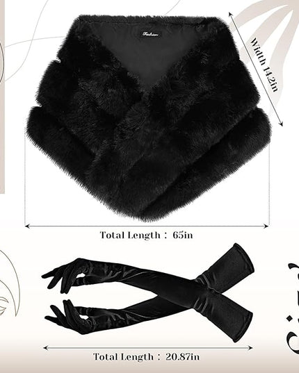 Zhanmai 2 Pcs Winter Long Shawl Cloak Stretchy Glove Opera Bridal Dance Gloves for Women Dress Party Coat