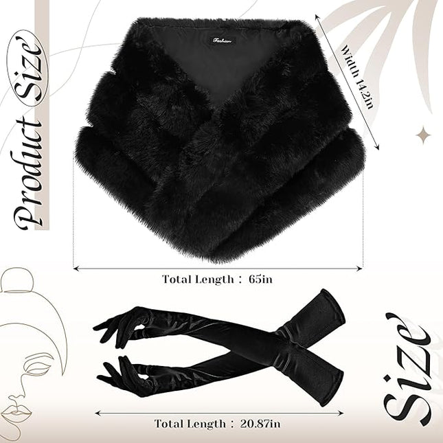 Zhanmai 2 Pcs Winter Long Shawl Cloak Stretchy Glove Opera Bridal Dance Gloves for Women Dress Party Coat