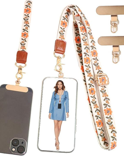 LEMEDE Phone Charm Lanyard, Gold Buckle Adjustable Crossbody and Wrist Strap with 2pcs 360-Degree Rotatable Phone Pad
