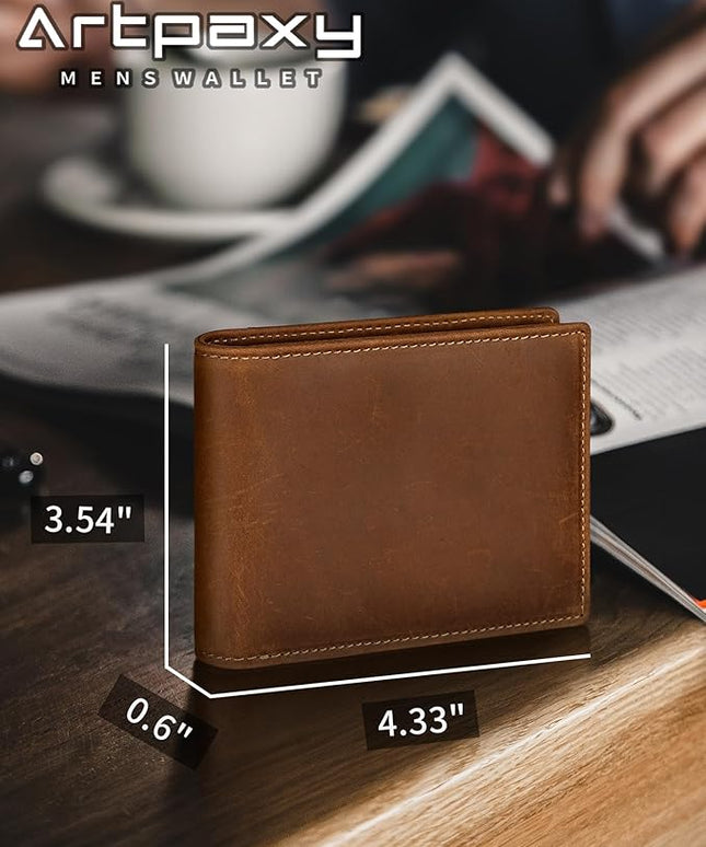 Artpaxy Mens Wallet Genuine Leather Bifold RFID Blocking Wallet for Men with 1 ID Window 13 Card Holders 2 cash pockets 1 Gift Box