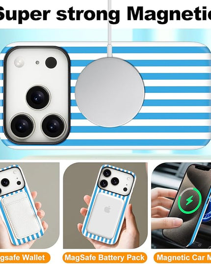 Magnetic for iPhone 17 Pro Max Case Cute Stripes Phone Case, Shockproof Slim TPU and Hard PC Protective Phone Cover Compatible with MagSafe Designed for Women Girls, Deep Blue