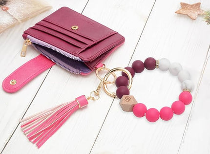 COOLANS Silicone Bracelet Wristlet Wallet Credit Card Holder RFID,ID Window,Key Ring Tassel,Slim Wallet Women Keychain Purse