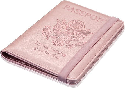 ACdream Passport Holder Cover, Leather Travel Wallet Case, RFID Blocking Document Organizer Protecrtor, with Slots for Credit Cards, Boarding Pass, for Women and Men, Rose Gold