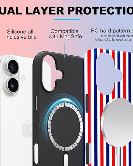 Magnetic for iPhone 16 Case Cute Stripes Phone Case, Shockproof Slim TPU and Hard PC Protective Phone Cover Compatible with MagSafe Designed for Women Girls, Red and Blue