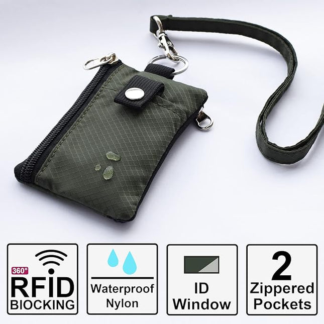 Minimalist RFID Blocking Small Wallet with ID Window,WaterResistant Zip Id Case Wallet with Lanyard Keychain for Cards,Cash,Travel,Women,Men