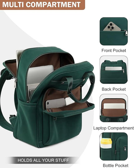 MASINTOR Leather Laptop Backpack for Women, Stylish Computer Backpack College Business Work Shoulder Bags Work and Travel Retro Green