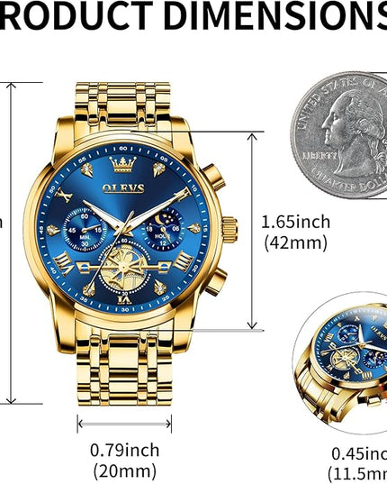 OLEVS Mens Watches Chronograph Watch Luxury Dress Stainless Steel Waterproof Watches for Men Moon Phase Luminous Business Calendar Wrist Watch Blue/Black/Green/Gold/Face