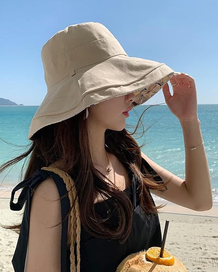 HUAMULAN Women Summer Sun Hat Wide Brim Wired Edge Floral Beach Bucket Hats Reversible Foldable Travel UV Protection Lady Hat