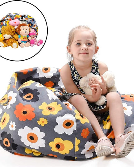YuppieLife Kids Storage Bean Bag Cover（No Filling）Toy Organizer|Carrying Handle Sofa|Available for Kids and Teenager|Cuddle Chair|Machine Washable and Durable（27“,Grey Flora）