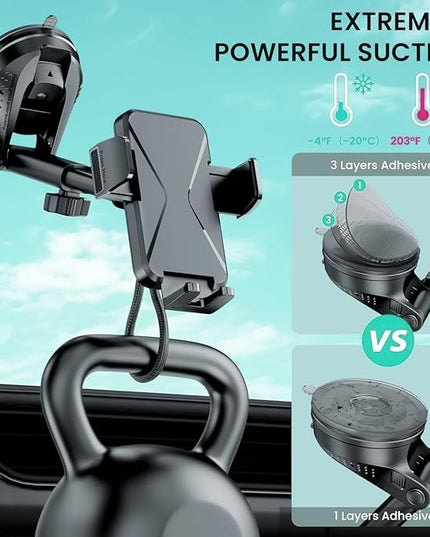 360° Adjustable Car Phone Holder Universal Hands-Free Mount for iPhone & Android, 3 in 1 Windshield Air Vent Dashboard Hands-Free Car Mount for iPhone Android Smartphone