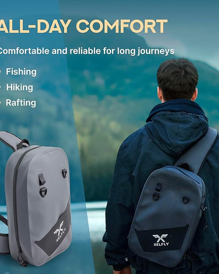 Xelfly Waterproof Fishing Sling Backpack Bag with Rod Holder, Gear Loops - Submersible Zipper, Rugged Top Handle, Adjustable Attachments (Gray)