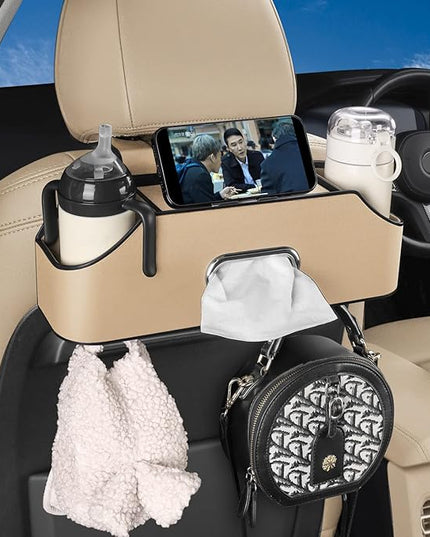 Car Seat Back Organizer - Stylish & Functional Storage for Family Adventures - Cup Holders, Tissue Box & Hooks - Perfect for Kids, Road Trips & Travel (Beige)