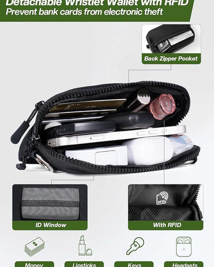 Clip and Go Strap for Phone with Wallet Crossbody Phone Lanyard Adjustable and Detachable RFID Wristlet Wallet with ID Window and Zipper, Black(L)